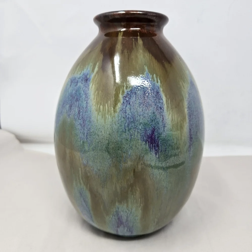 Pottery Vase Egg Shape Multicolor Glazed Timeless Beauty Drip Brown Over Blue
